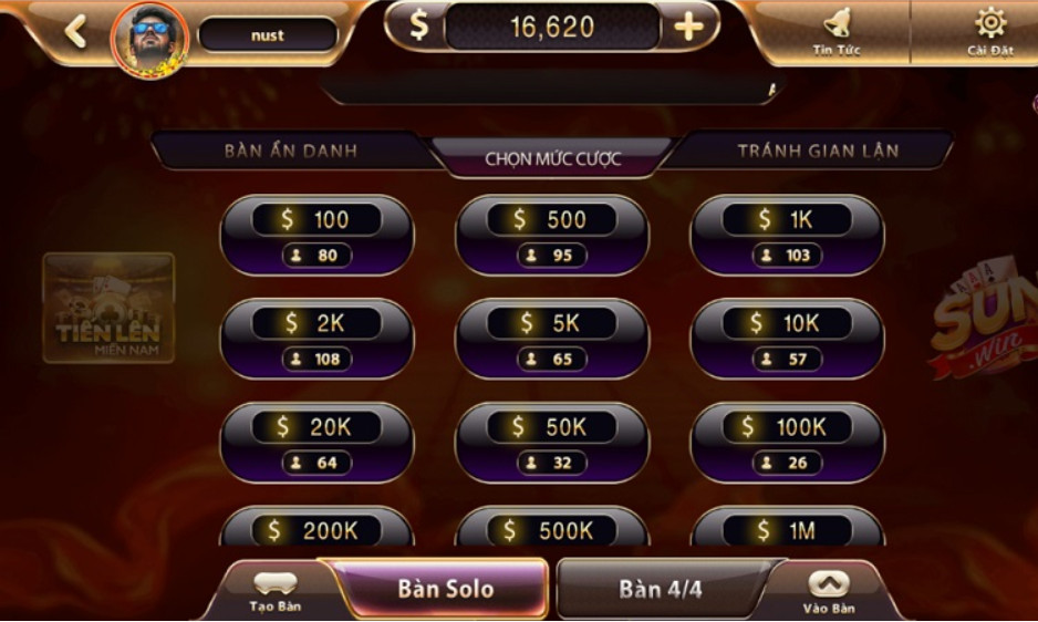 Tiền lên miền nam Sunwin 1 Chọn bàn để chơi Tiến lên miền nam Sunwin 2024